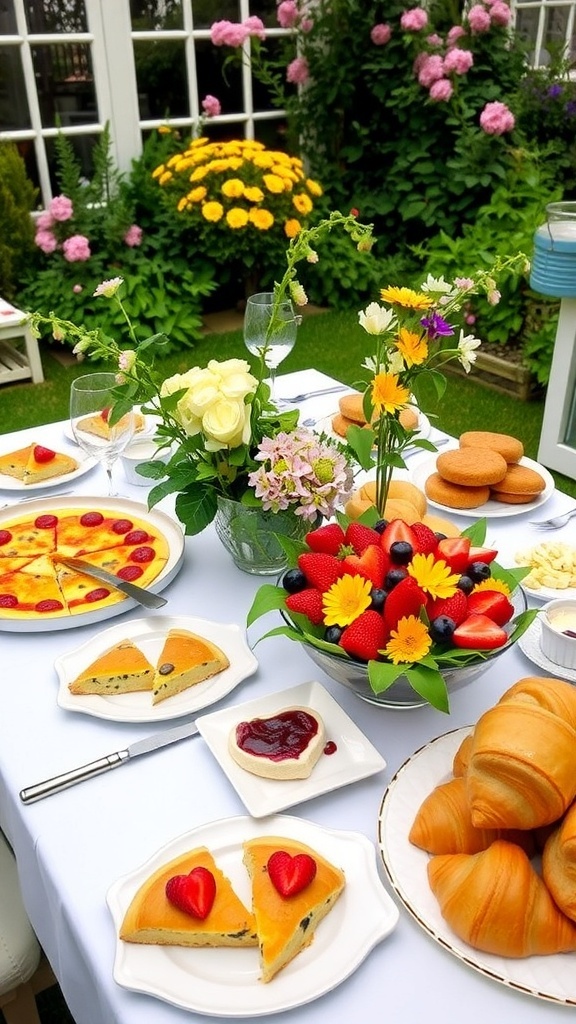 Brunch Garden Party Menu A garden brunch table with fruit salad, quiche, pastries, and flowers.